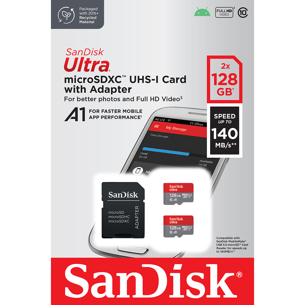 SanDisk Ultra SDSQUAB-128G-GN6MT Speichergerät – 128 GB, microSDXC UHS-I Klasse 10 A1, 2er-Pack