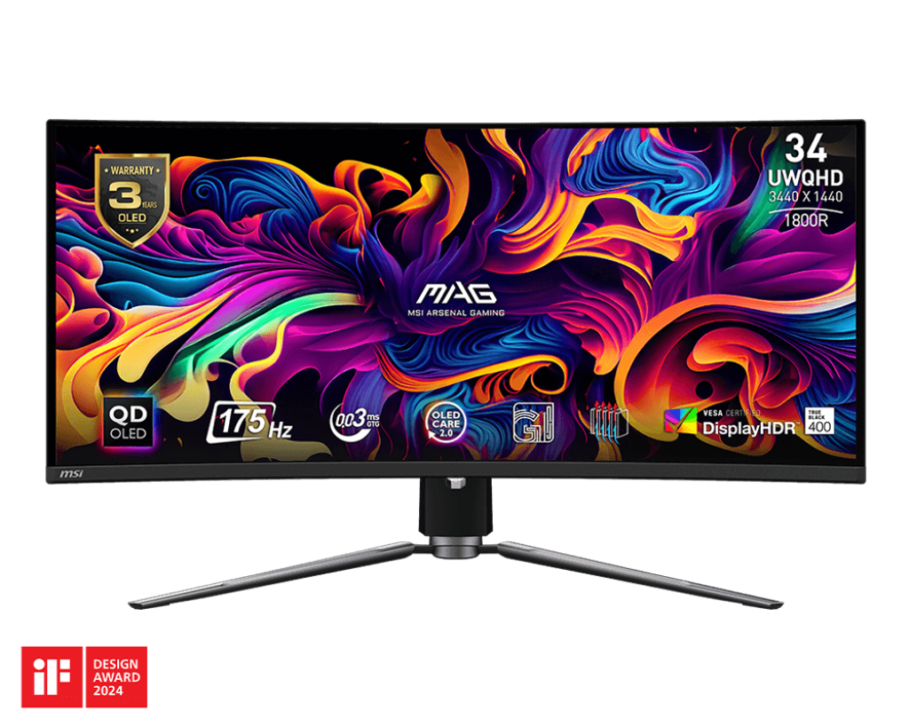 MSI MAG 341CQPDE – Monitor, 34", QD-OLED, 175 Hz, 250 cd/m², USB-C, VESA 100 × 100, Schwarz