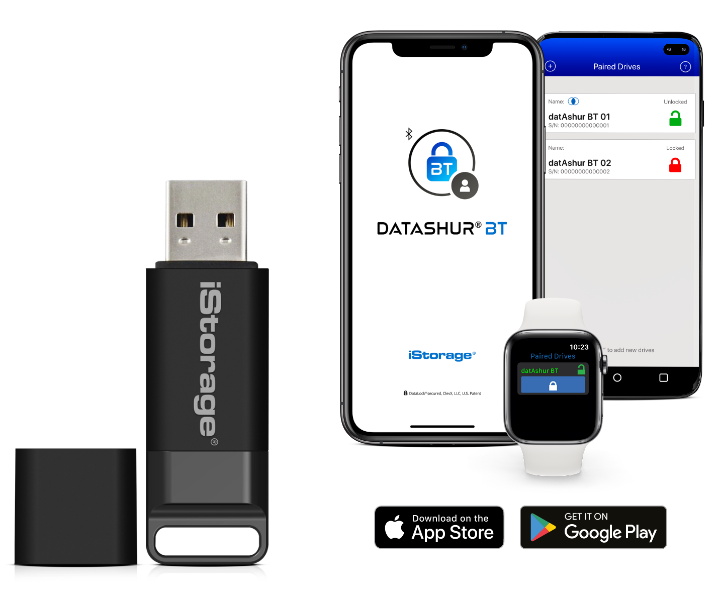 iStorage datAshur BT USB-Stick 16 GB – USB-A, USB 3.2 Gen 1, 170/130 MB/s, AES-256, IP57