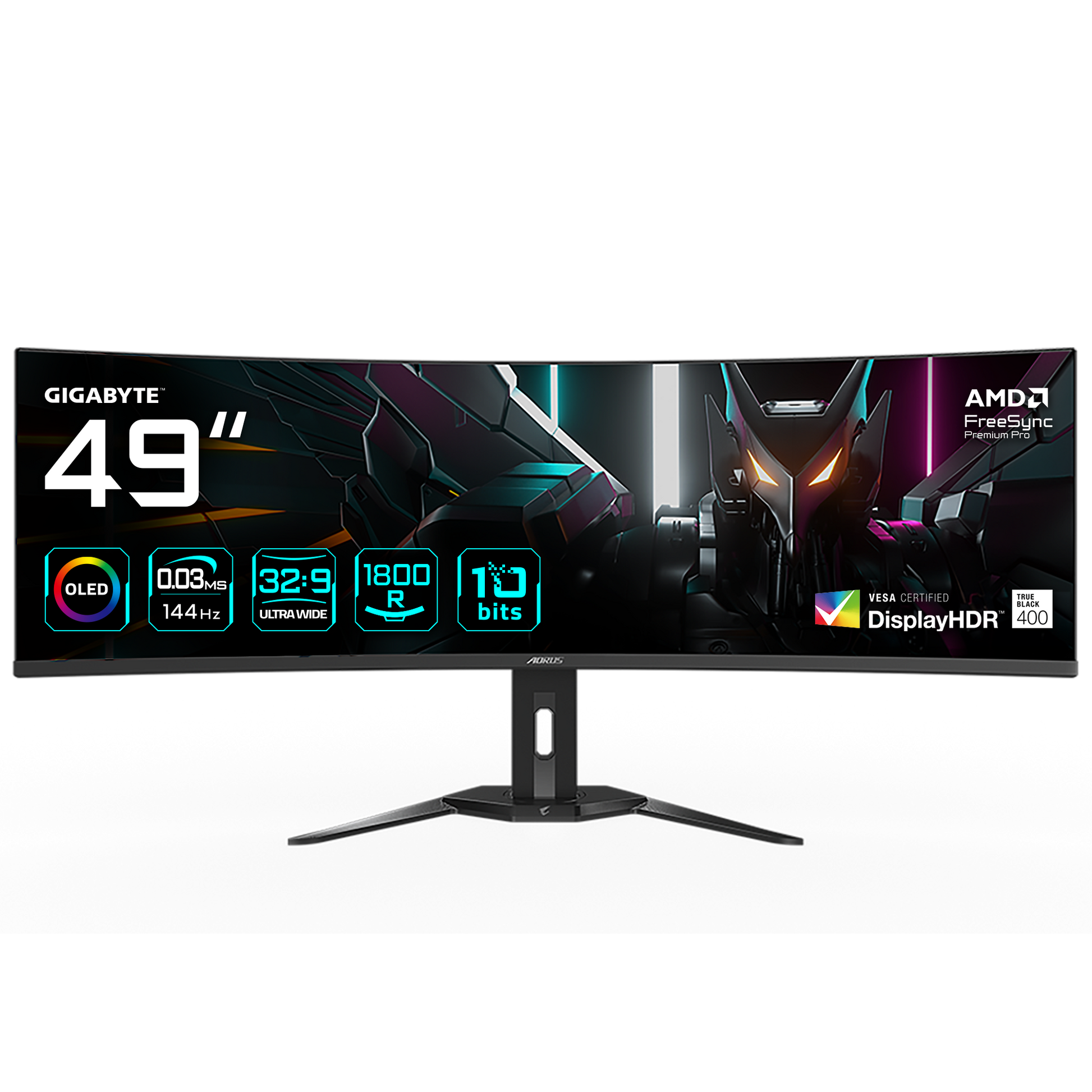 GIGABYTE AORUS CO49DQ – Monitor, 49" 5120 × 1440 (DQHD), OLED, 144 Hz, 250 cd/m², KVM, VESA 100 × 100, Schwarz