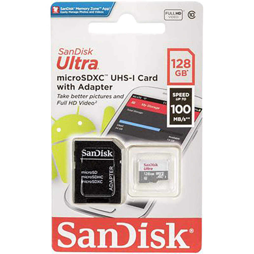 SanDisk Ultra – 128 GB, microSDXC, 100 MB/s, Klasse 10, mit SD-Adapter