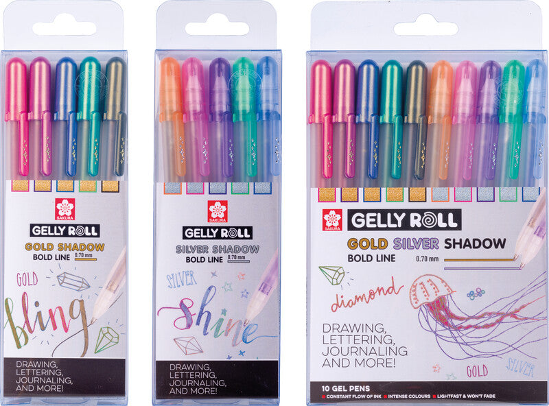 Sakura Gelly Shadow Gelschreiber 10er Set – 10 Farben, 0,7 mm, für dunkles Papier, Kappe