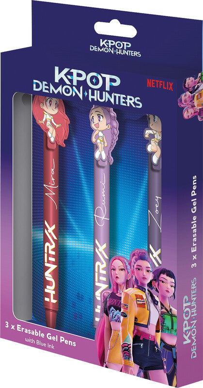 Netflix K-Pop Demon Hunters – Radierbares Tintenroller-Set, Druckmechanik, Blau, für Linkshänder, 3er