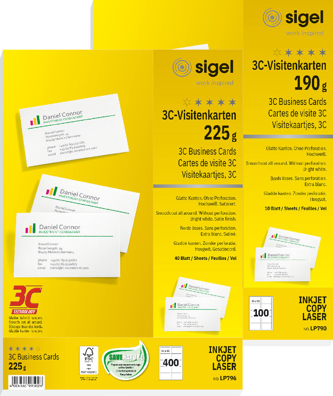 Sigel Visitenkarten, 85 × 55 mm – für Laser/Inkjet/Kopierer – A4, 10 pro Blatt – 400 Karten – FSC-zertifiziert