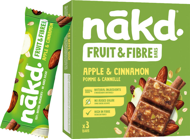 Nakd Raw & Fibre Energieriegel – Apfel & Zimt, vegan, ohne Zuckerzusatz, 3 × 44 g (132 g)