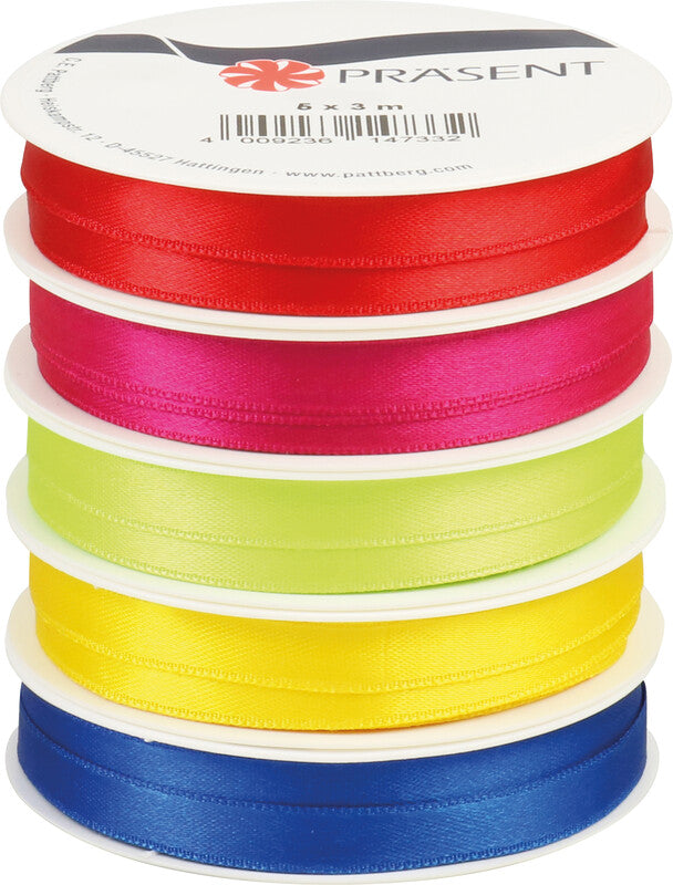 Präsent Geschenkband – farbig sortiert – 10 mm × 3 m – 5 Bänder – Kunststoff