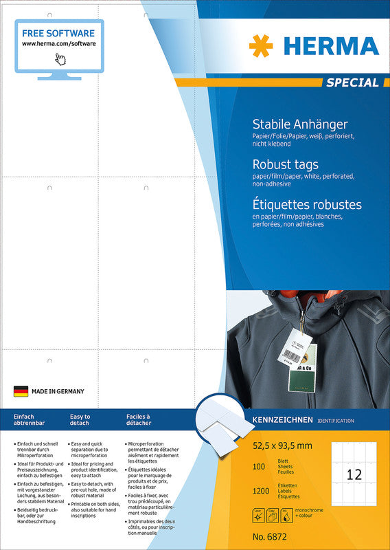 HERMA Schmucketiketten – Papier, nicht klebend, 1200 Stk, 100 Bogen, 52,5×93,5 mm