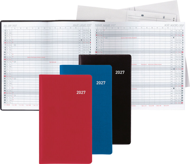 Biella Planer Berlin Agenda – 6 Monate/1 Seite, geheftet, 8,7 × 15,3 cm, Jan–Dez 2026, mehrsprachig, blau, FSC