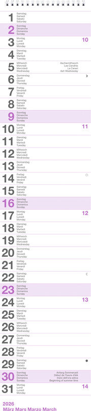 Biella Wandkalender Longus – viersprachig d/f/i/gb – 2026 – Spiralbindung – 12 × 54,5 cm