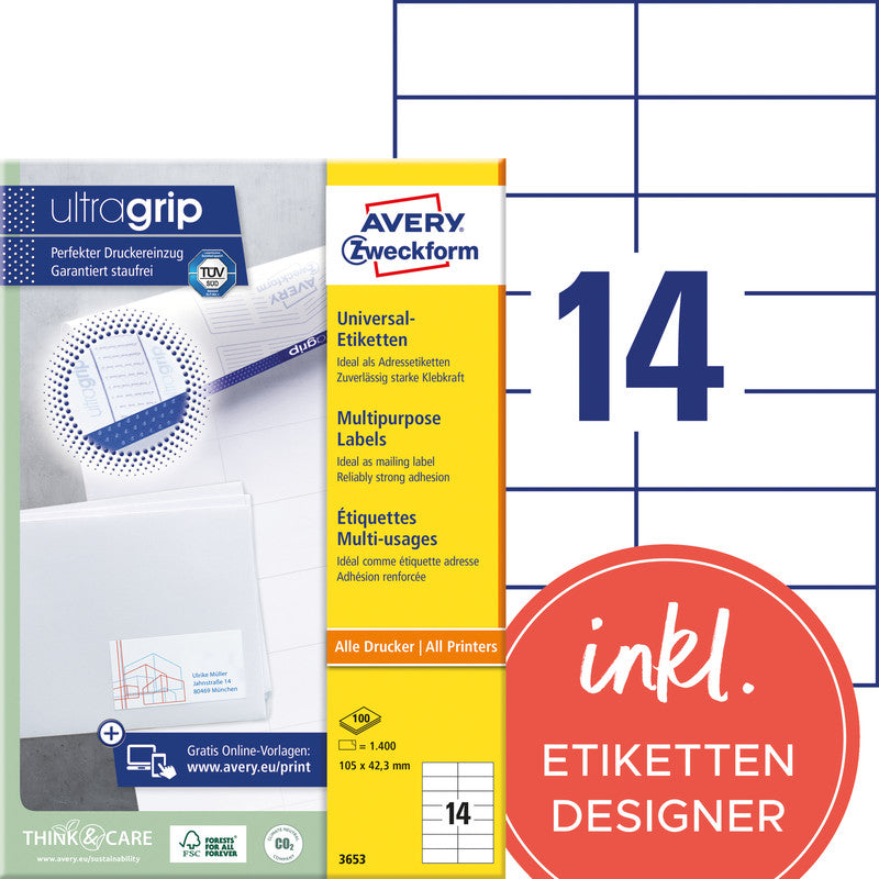 Avery Etiketten, 105 mm × 42 mm, weiss, Papier, permanent, 100 Blatt