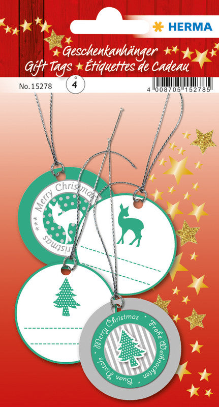HERMA Geschenketiketten – Weihnachten – 4 Anhänger – Papier, 3D-Oberfläche – Ø 50 mm – Grün/Silber