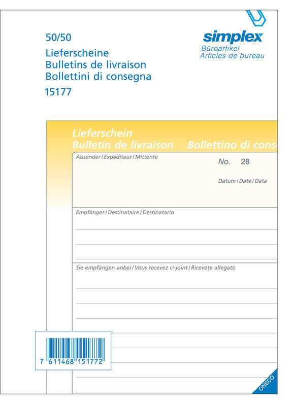 Simplex Formularblock – Lieferschein, mehrsprachig, 50 Blatt, A5