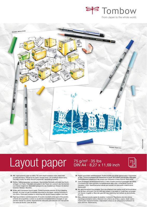 Tombow Layoutpapier, Papier, 20 × 29,7 cm, weiss halbtransparent, 75 Blatt
