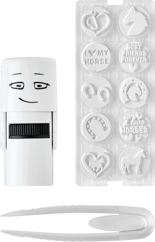 Colop Little NIO Rundstempel – Pferde, selbstfärbend, 10 Motive, Ø 17 mm, Kissen grau, Englisch