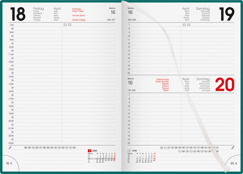 Biella Bunte Agenda – 1 Tag pro Seite, gebunden, 14,5 × 20,5 cm, 2026, 1/2-Stunden-Takt, Petrol, FSC