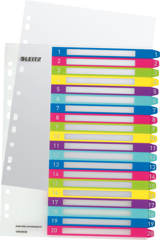 Leitz Register A4 – nummeriert 1–20, 20 Taben, PP mehrfarbig, 11-fach, druckbar