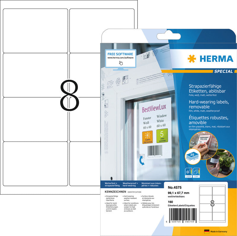 HERMA Druckeretiketten, 99 mm × 68 mm, weiss, Folie, extra stark, 20 Blatt (160 Etiketten)