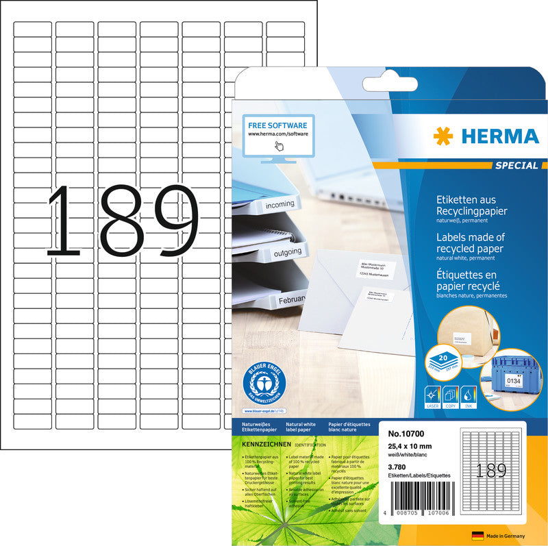 HERMA Druckeretiketten, 25 mm × 10 mm, naturweiss, Altpapier, permanent, 20 Blatt