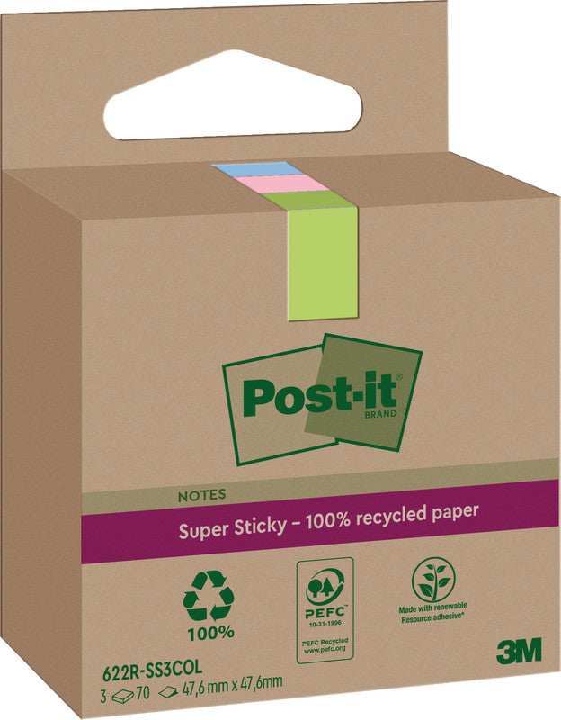 Post-it Super Sticky Haftnotizen – 47,6×47,6 mm – sortiert, 3×70 Blatt, PEFC