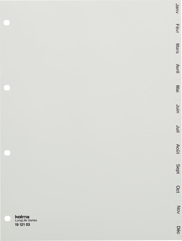 Kolma LongLife Register – A4, 12-teilig, PVC, grau, vorgedruckt, Monatsbeschriftung, 4-fach Lochung