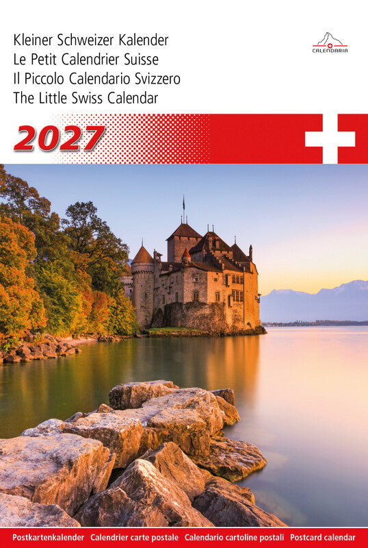 Calendaria Kleiner Schweizer – Bildkalender Schweiz 2027 – 14,8 × 22 cm – Kalendarium d/f/i/e – 12 Postkarten