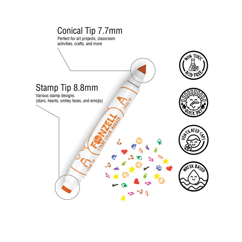 Fonzell Stempel-Filzstifte, Strichbreite 7,7–8,8 mm, 12 Farben, 12 Motive