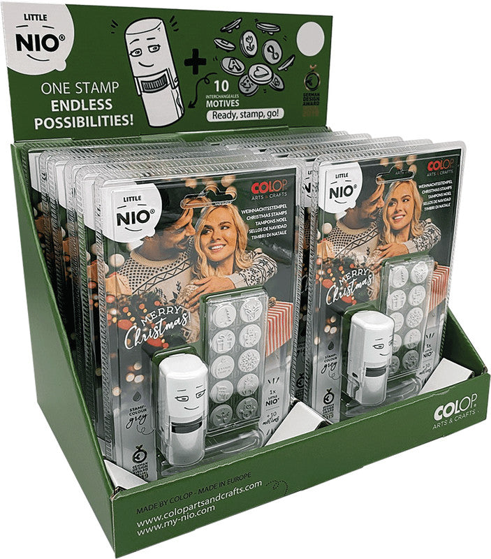 Colop Little NIO Rundstempel – Weihnachten, selbstfärbend, 10 Motive, Ø 17 mm, Kissen grau, Englisch