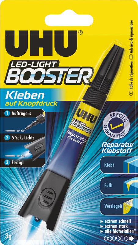UHU LED Booster Spezialkleber (UV/LED) – extra stark, transparent, für Metall, Holz, Glas, 3 g