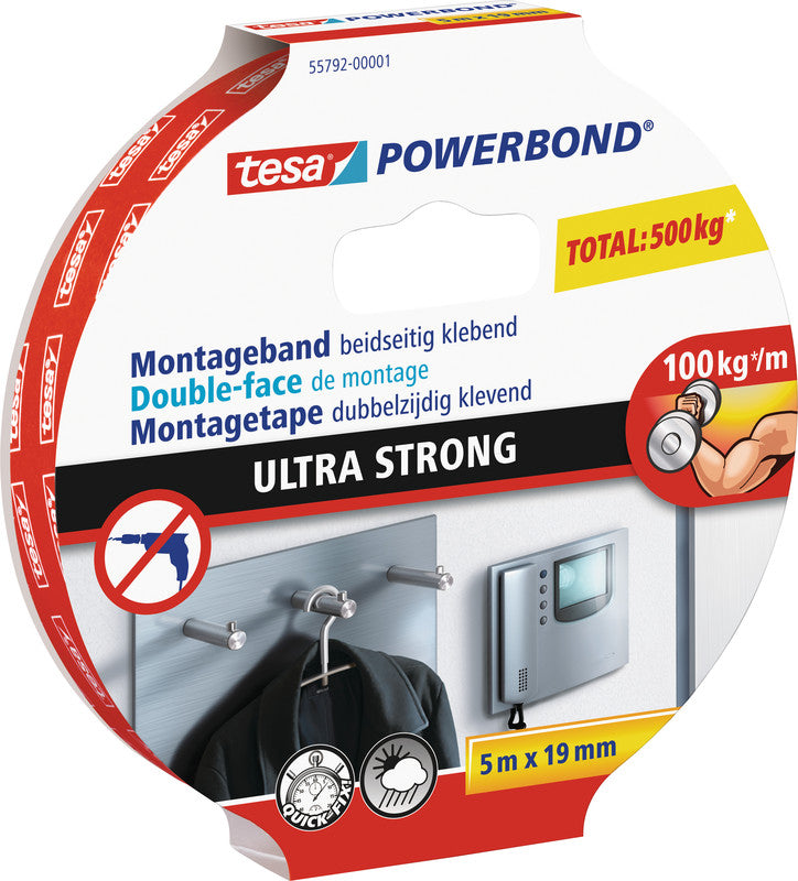 Tesa Montageband Ultra Strong, für Innen- & Aussenanwendungen – 19 mm × 5 m, weiss, bis 10 kg/10 cm