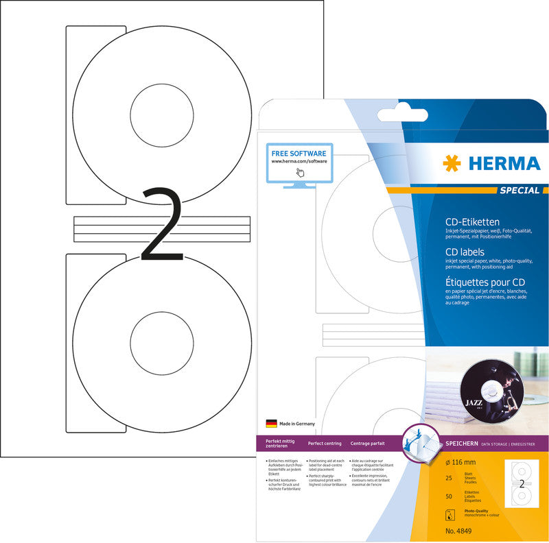 HERMA CD-Etiketten, Ø 116 mm, weiss, Papier, permanent, für Inkjetdrucker, 25 Blatt (50 Etiketten)