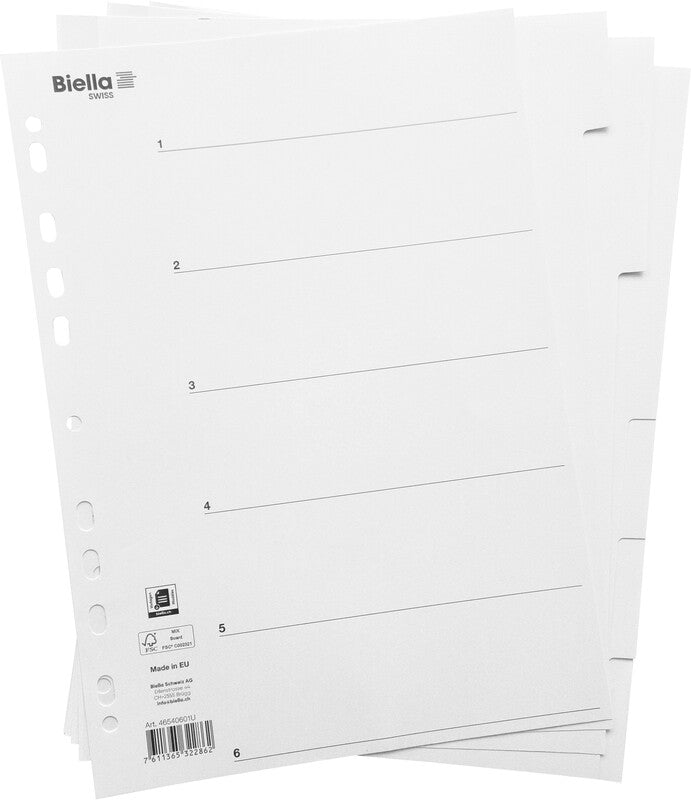 Biella Register – Vollformat, 6-teilig, Karton, weiss, unbedruckt, Indexblatt, 11-fach – für A4 hoch
