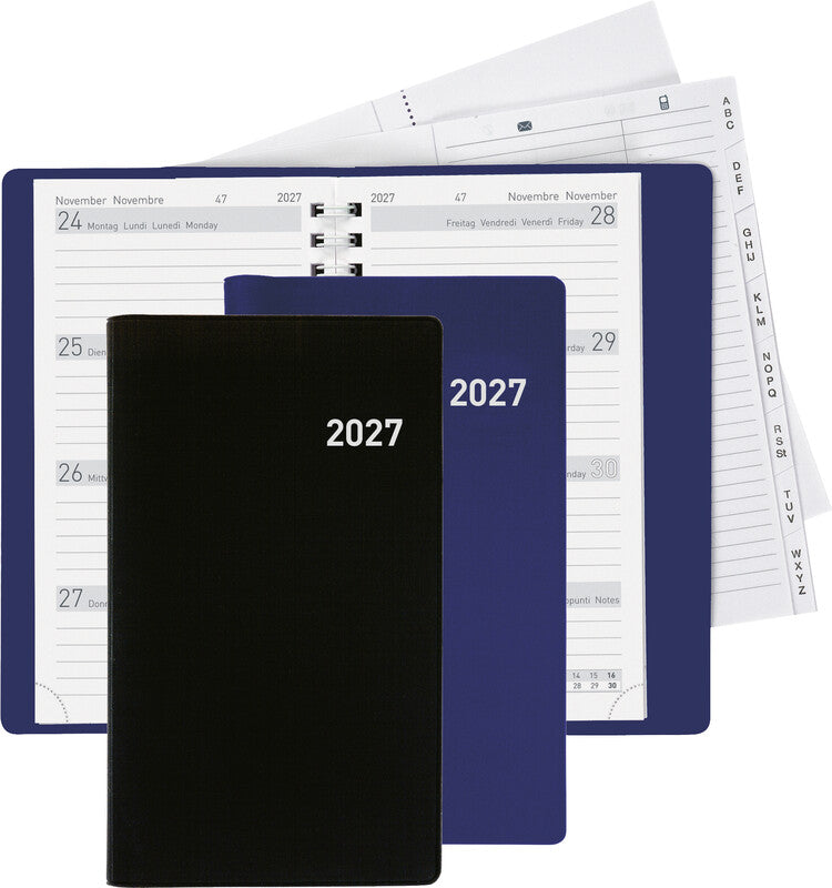 Biella Brüssel Agenda – 1 Woche/2 Seiten, Spiralbindung, 8,5 × 15,3 cm, Jan–Dez 2026, Dunkelblau, FSC