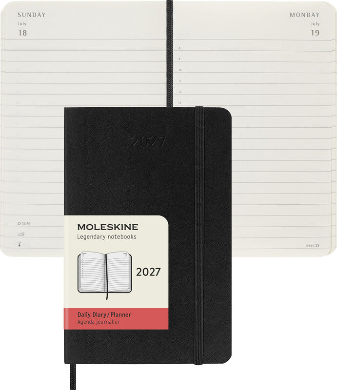 Moleskine Tagesagenda – 1 Tag pro Seite, gebunden, 9 × 14 cm, 2027, 1-Stunden-Takt, schwarz, FSC