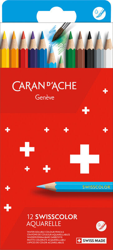 Caran d-Ache Caran d'Ache Swisscolor Aquarellfarbstifte-Set – 12 Farben, Mine Ø 2,8 mm, Kartonetui