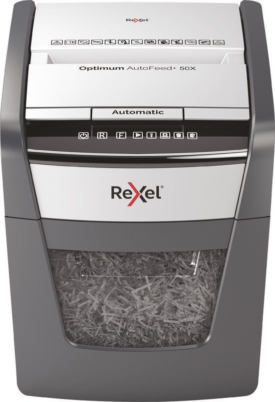 Rexel Optimum AutoFeed+ 50X – Aktenvernichter mit Autofeed 50 Blatt, DIN P-4, Partikelschnitt 4 × 28 mm, 20 l