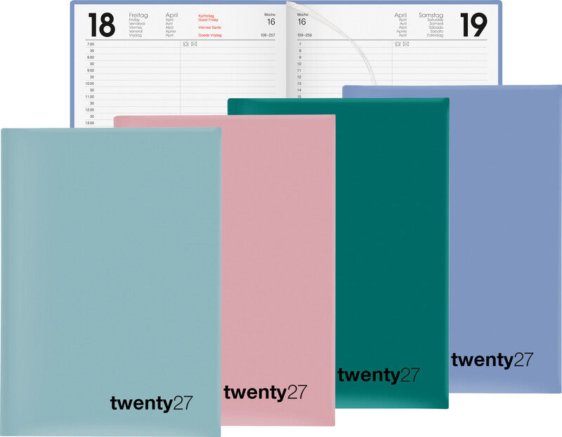 Biella Bunte Agenda – 1 Tag pro Seite, gebunden, 14,5 × 20,5 cm, 2027, 1/2-Stunden-Takt, Salbeigrün, FSC