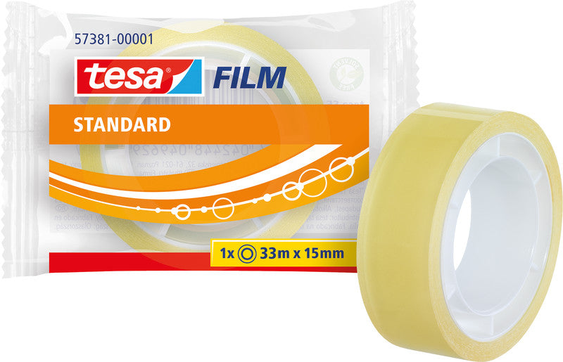 TESA Büro-Klebeband – permanent, klar, Kunststoff, 15 mm × 33 m, Kern Ø 26 mm