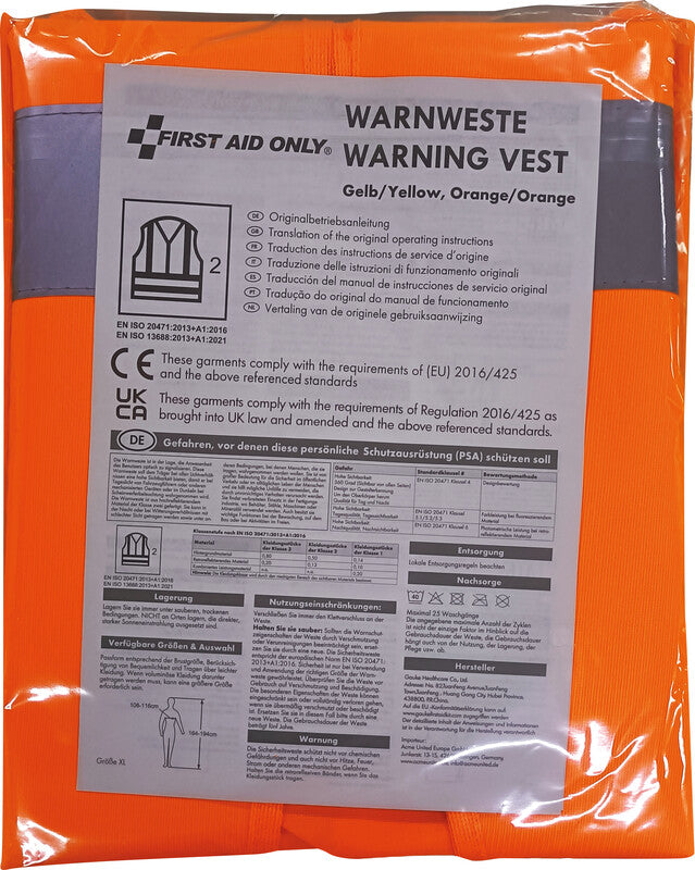 First aid only Sicherheitsweste, Klasse 2 – Orange, XL, 2 Klettverschlüsse, EN ISO 20471, EN ISO 13688