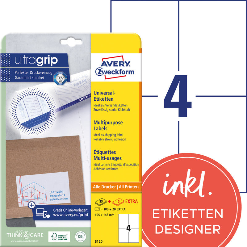 Avery Druckeretiketten, 105 mm × 148 mm, weiss, Papier, permanent, 30 Blätter (120 Etiketten)