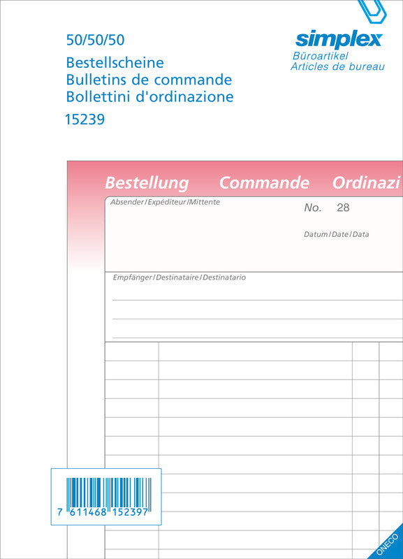 Simplex Formularblock – Bestellscheine, mehrsprachig, 50 Blatt, A5