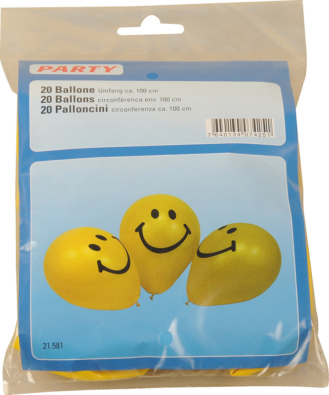 Party Ballone aus Naturkautschuk, gelb, Smiley, Umfang 1000 mm, 20 Stück, abbaubar