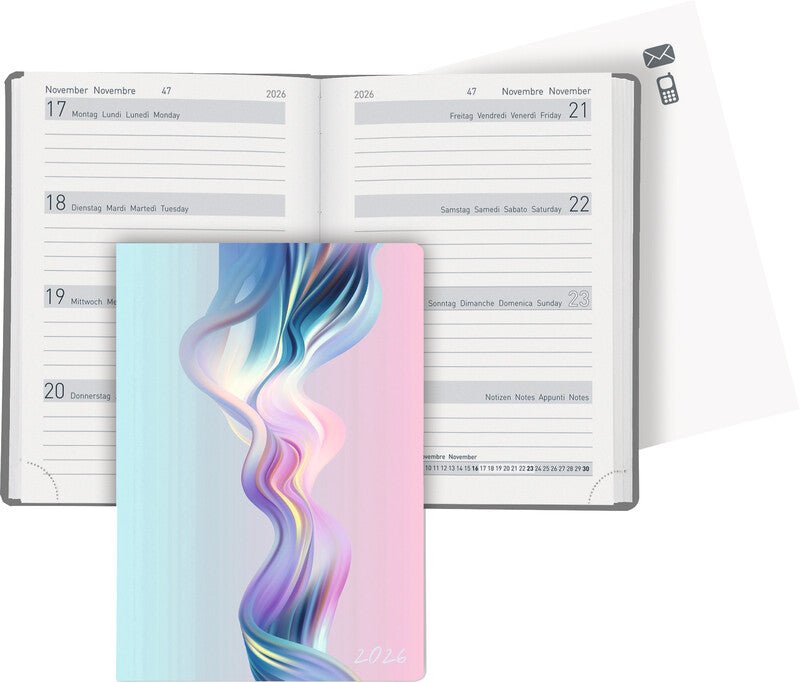 Biella Memento Trend Agenda – 1 Woche/2 Seiten, gebunden, 10,1 × 14,2 cm, 2026, Swirl, FSC
