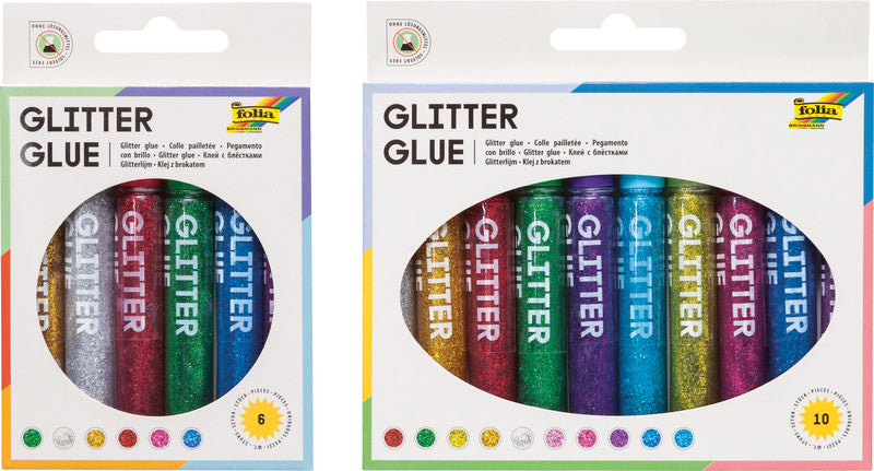 Folia Glitzerkleber – farbig sortiert – Set 10 × 9,5 ml – auswaschbar, lösungsmittelfrei