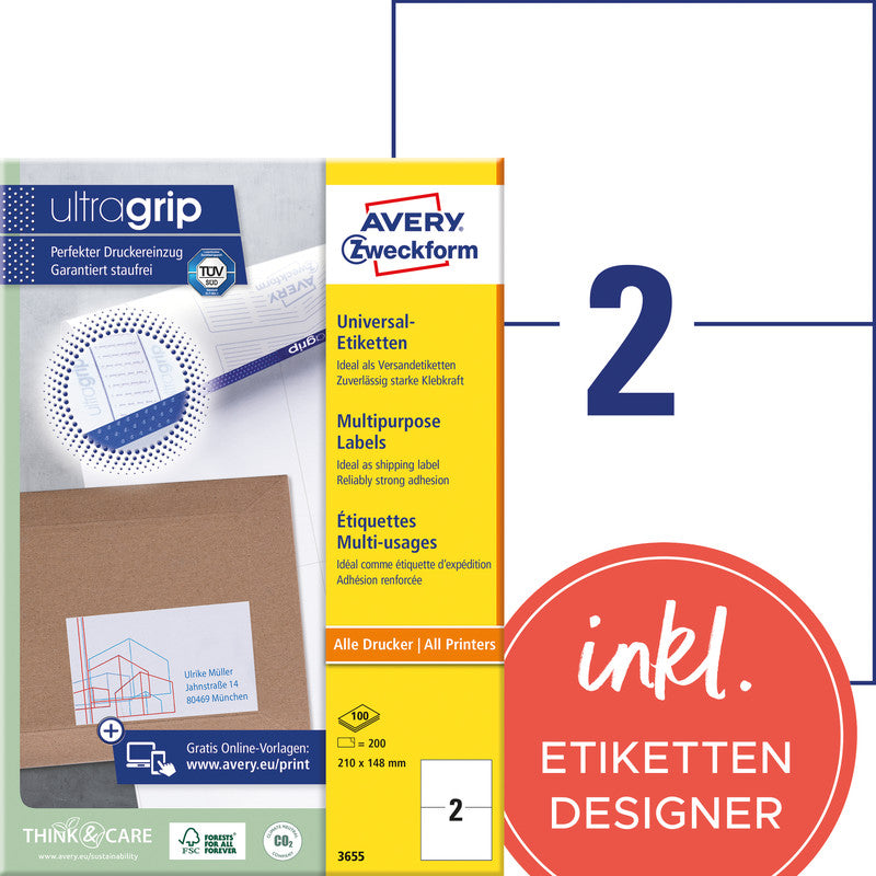 Avery Blattetiketten, 210 mm × 148 mm, weiss, Papier, permanent, 100 Blatt (200 Etiketten)