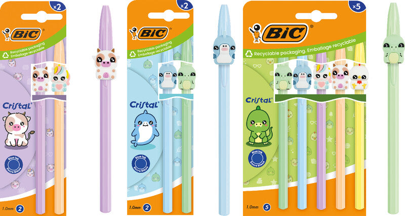 BIC Cristal Figurines Kugelschreiber – 5er Pack, Blau, Spitze 0,32 mm, Deckel