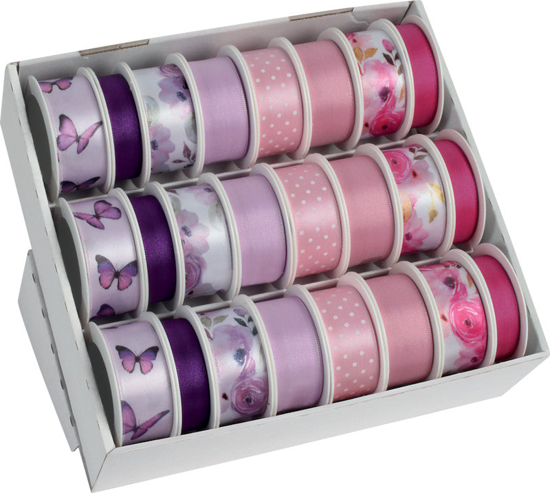 Präsent Seidenband Spring Mini – Frühling – 6 Rollen 15 mm × 4 m, 18 Rollen 25 mm × 3 m – sortiert