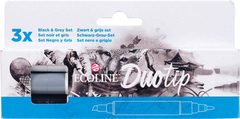 Ecoline Brush Pen Duotip – Keilspitze 6 mm, Rundspitze 1-2 mm – sortiert – 3er-Set – wasservermalbar