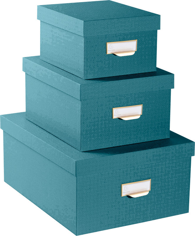 Exacompta Archivschachtel A4+ – mit Griffloch, stapelbar, 350 × 150 × 260 mm, blaugrün, Karton, 3er Set