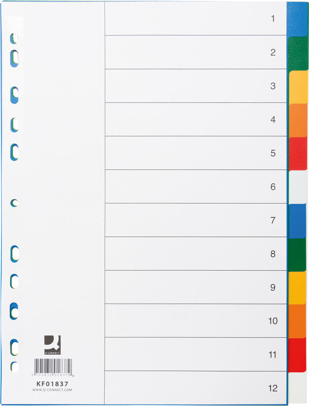 Q-CONNECT Register – für A4, Kunststoff, blanko, 12-teilig, mehrfarbig, 11-fach