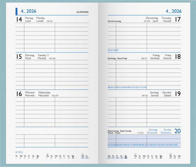 Biella Taschenagenda Colorful – 1 Woche/2 Seiten, gebunden, 8,7 × 15,3 cm, 2026, mehrsprachig, salbeigrün, FSC
